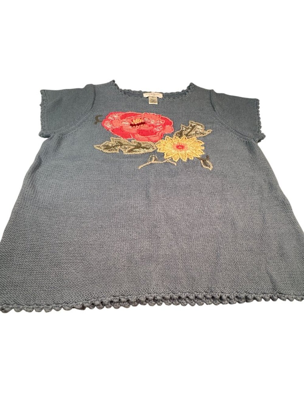 Susan Bristol Floral Knit Sweater Vintage Womens Blouse Embroidery Scalloped Hem